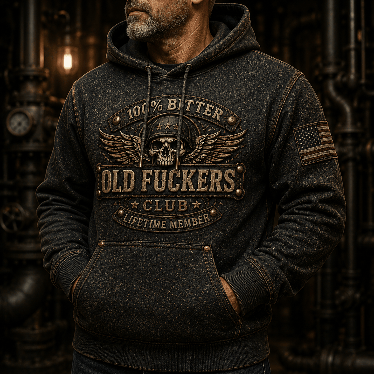 Bitter Old Fuckers Club Printed Hoodie Funny Skull Wing Graphic Vintage American Flag Hooded Sweatshirt Gift for Dad Grandpa Men