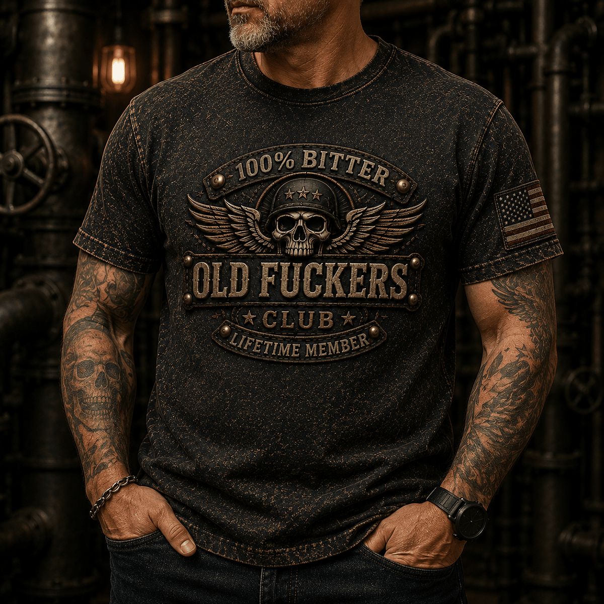 Bitter Old Fuckers Club Printed T Shirt Funny Skull Wing Graphic Vintage American Flag Humor Tee Gift for Dad Grandpa Biker Men
