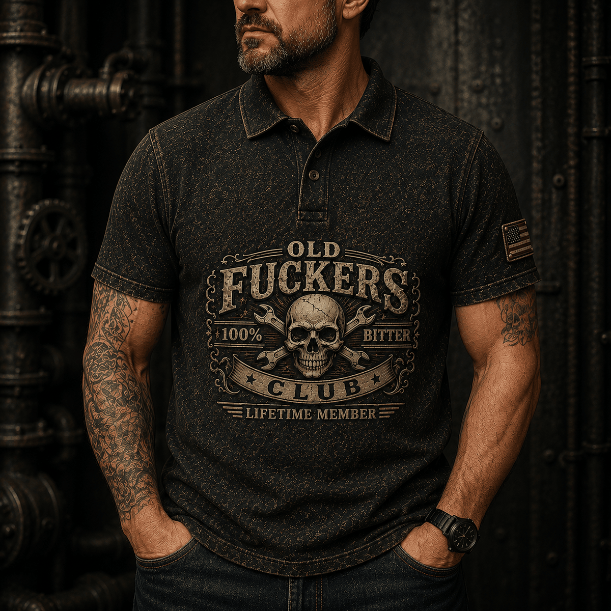 Old Fuckers Club Bitter Printed Polo Shirt Skull Wrench Graphic American Flag Funny Gift for Dad Grandpa Men