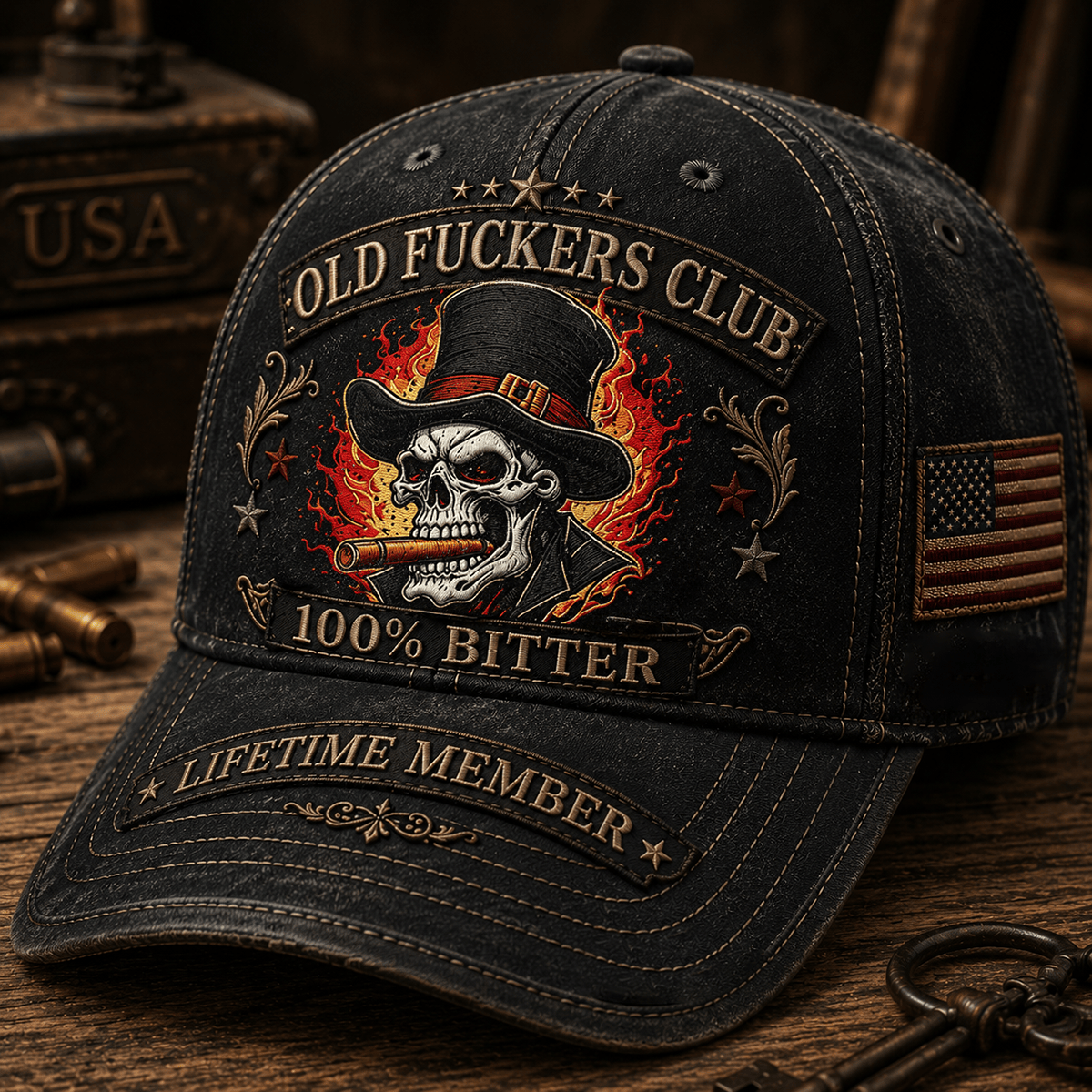 Old Fuckers Club Bitter Printed Baseball Cap Skull Smoking Cigar Graphic American Flag Vintage Trucker Hat Funny Gift for Men Dad Grandpa