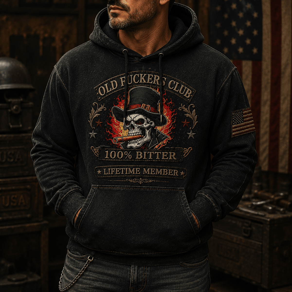 Old Fuckers Club Bitter Printed Hoodie Skull Smoking Cigar Graphic American Flag Vintage Funny Gift for Men Dad Grandpa Biker