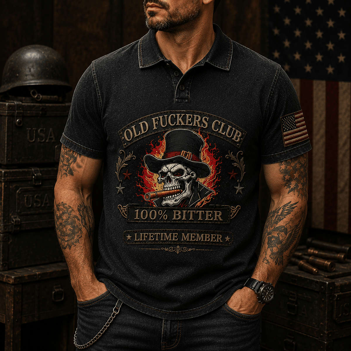 Old Fuckers Club Bitter Printed Polo Shirt Skull Smoking Cigar Graphic American Flag Vintage Funny Gift for Men Dad Grandpa