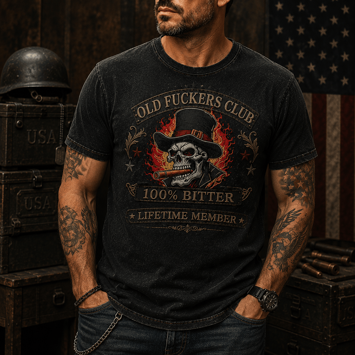 Old Fuckers Club Bitter Printed T Shirt Skull Smoking Cigar Graphic American Flag Vintage Funny Tee Gift for Men Dad Grandpa