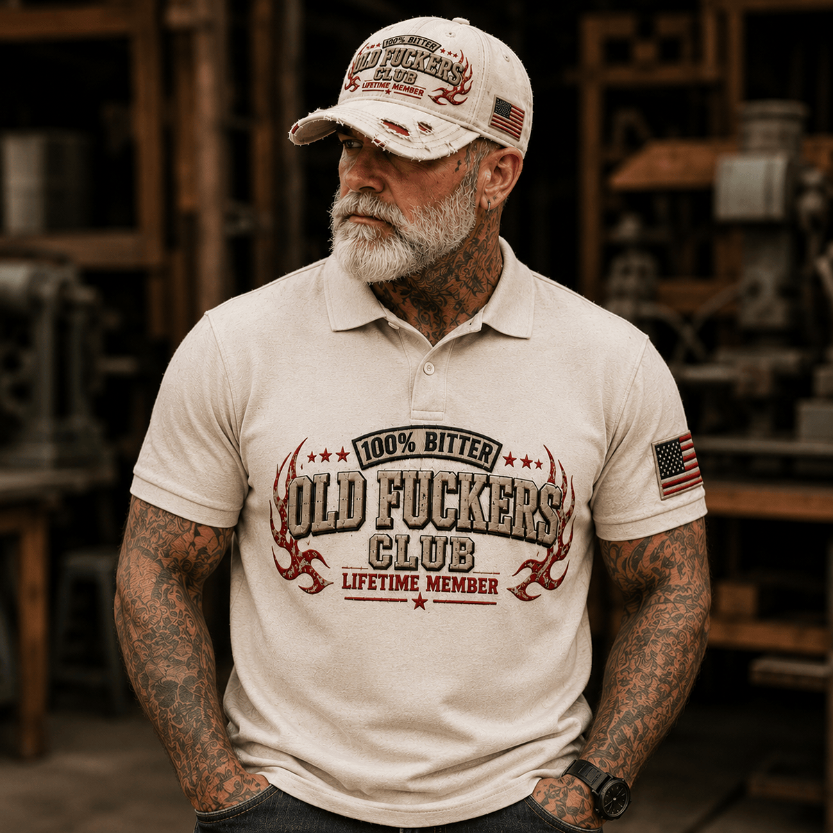 Bitter Old Fuckers Club Lifetime Member Printed Polo Shirt Funny Graphic Polo Shirt Gift for Men Dad Grandpa Retirement Gift