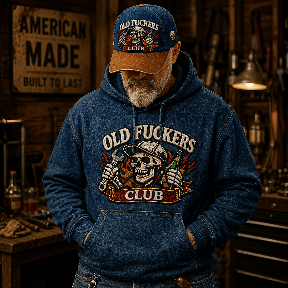 Old Fuckers Club Skull Mechanic Printed Hoodie Funny Graphic Hoodie Garage Worker Gift for Men Dad Grandpa Mechanic Gift