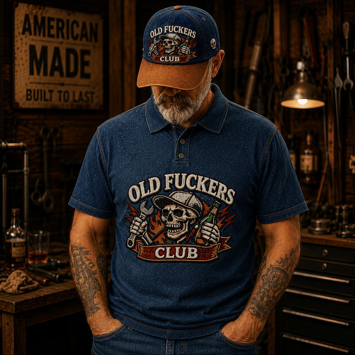 Old Fuckers Club Skull Mechanic Printed Polo Shirt Funny Graphic Polo Shirt Garage Worker Gift for Men Mechanic Gift