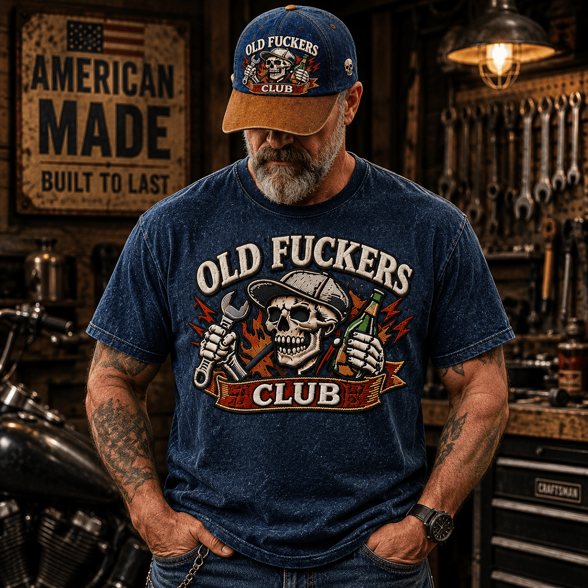 Old Fuckers Club Skull Mechanic Printed T Shirt Funny Graphic Tee Garage Worker Shirt Gift for Men Dad Mechanic Gift