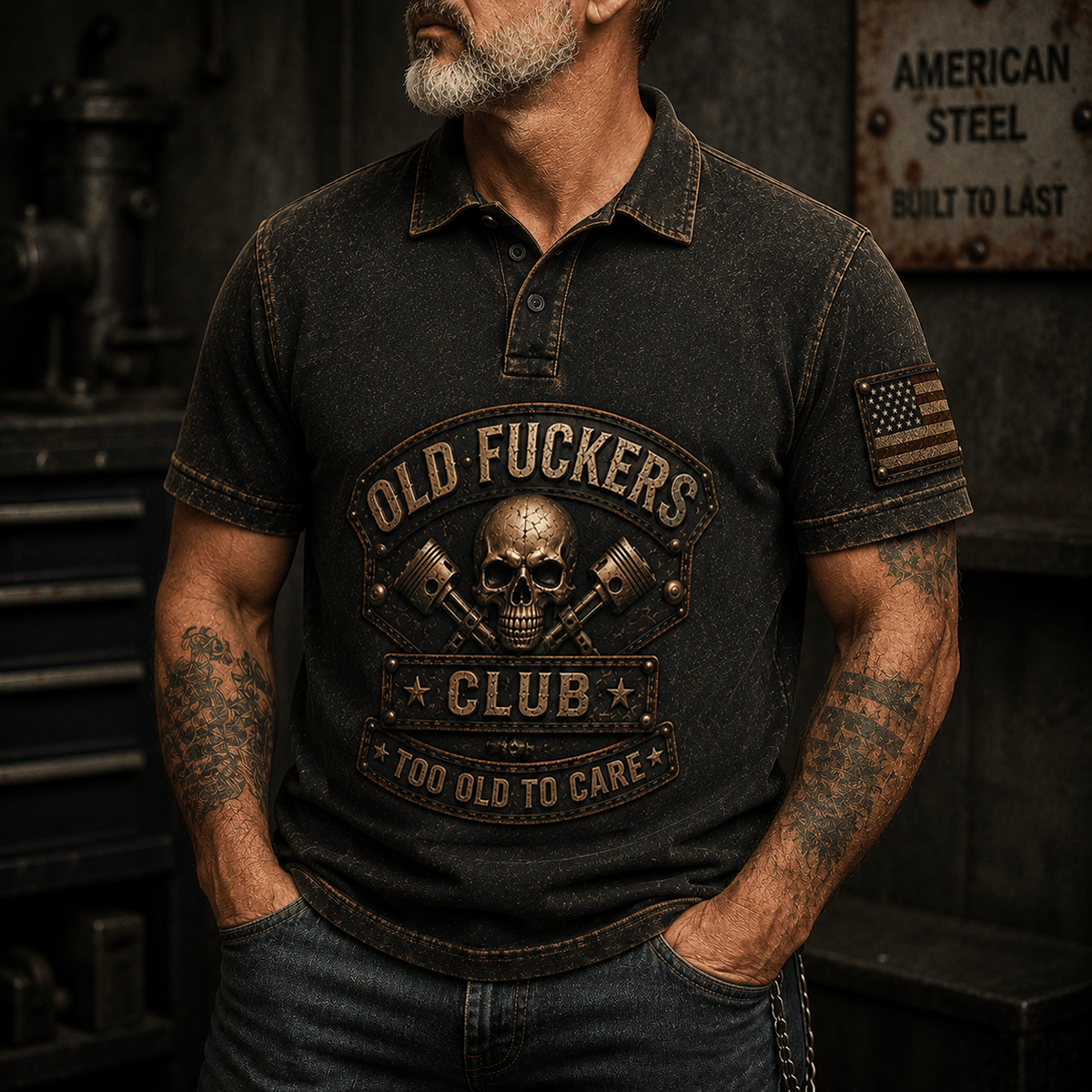 Old Fuckers Club Skull Printed Polo Shirt Funny Skull Polo Shirt Biker Polo Motorcycle Gift for Men Graphic Polo Shirt