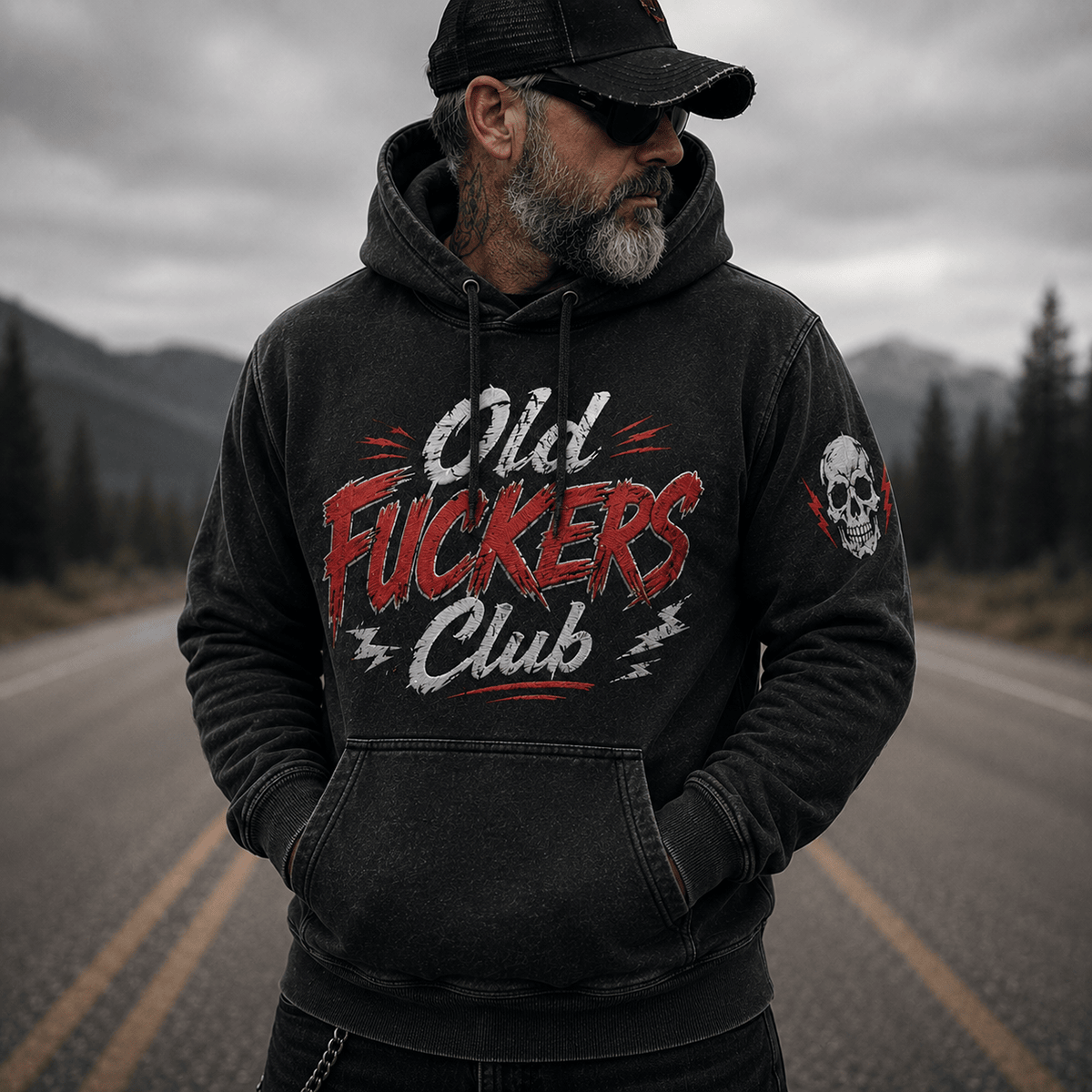 Old Fuckers Club Printed Hoodie Funny Skull Graphic Hoodie Biker Hoodie Motorcycle Gift for Men Dad Gift Graphic Sweatshirt