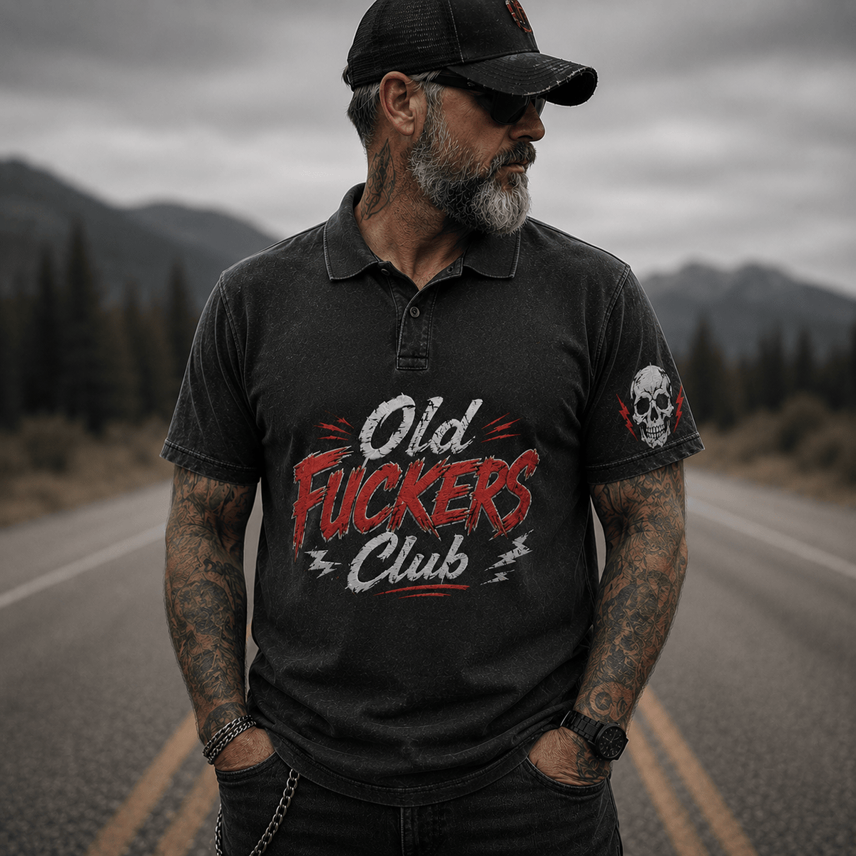 Old Fuckers Club Printed Polo Shirt Funny Skull Graphic Polo Shirt Biker Gift for Men Motorcycle Rider Gift Dad Gift