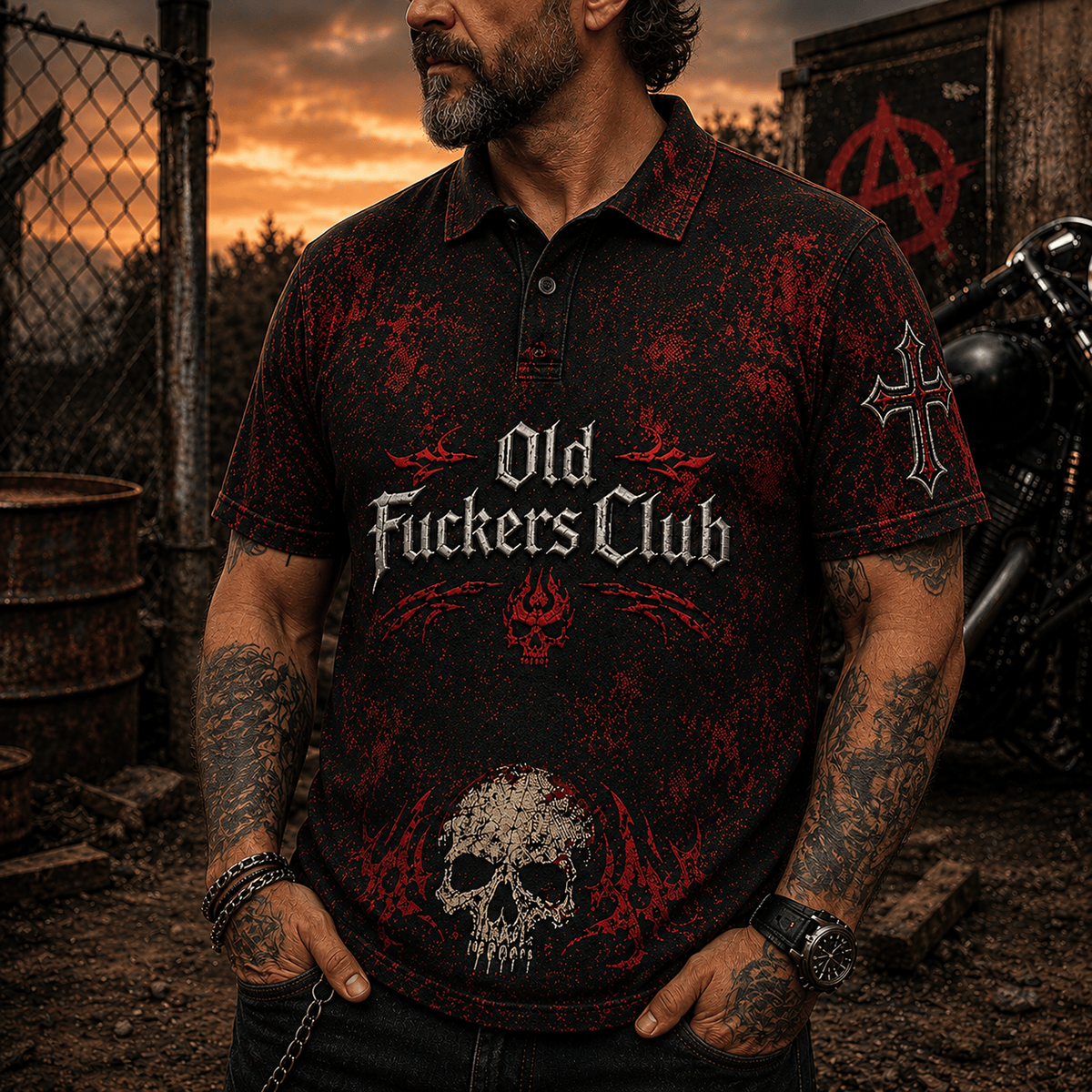 Old Fuckers Club Skull Printed Polo Shirt Gothic Skull Polo Shirt Biker Polo Shirt Motorcycle Gift for Men