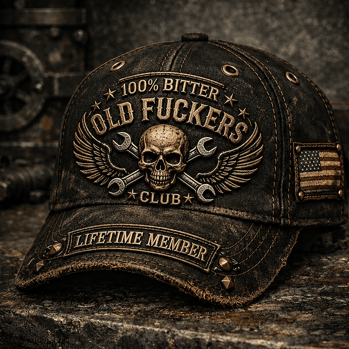 Bitter Old Fuckers Club Skull Wing Wrench Printed Cap Funny Mechanic Hat Biker Trucker Gift for Men Lifetime Member