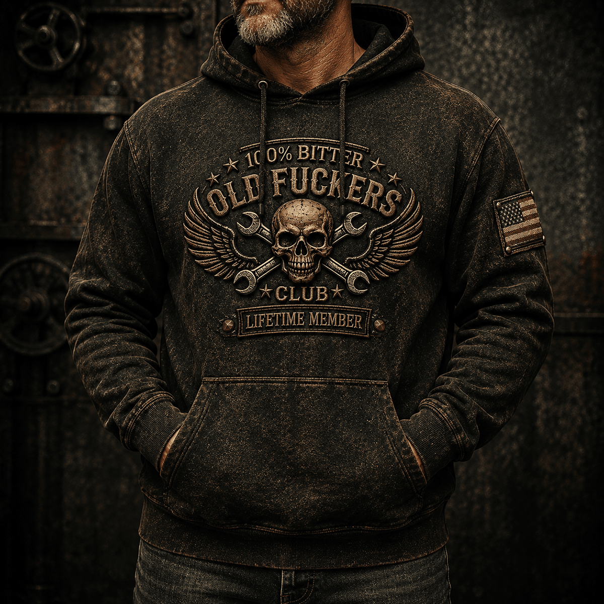 Bitter Old Fuckers Club Skull Wing Wrench Printed Hoodie Funny Mechanic Hoodie Biker Gift for Men Lifetime Member