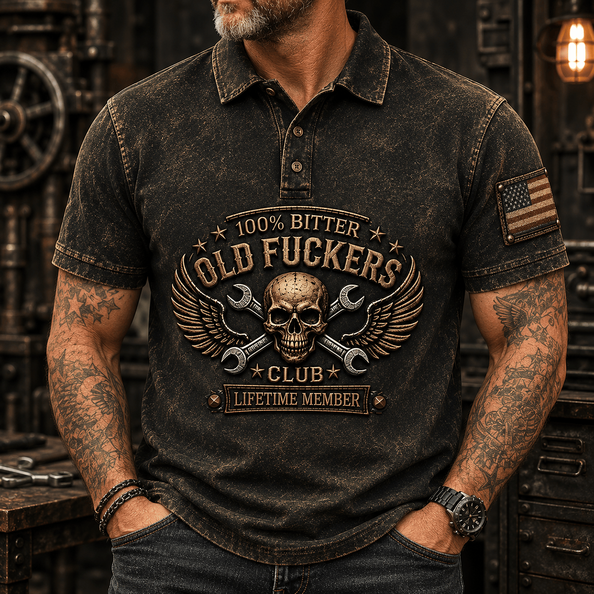 Bitter Old Fuckers Club Skull Wing Wrench Printed Polo Shirt Funny Mechanic Polo Gift for Men Lifetime Member
