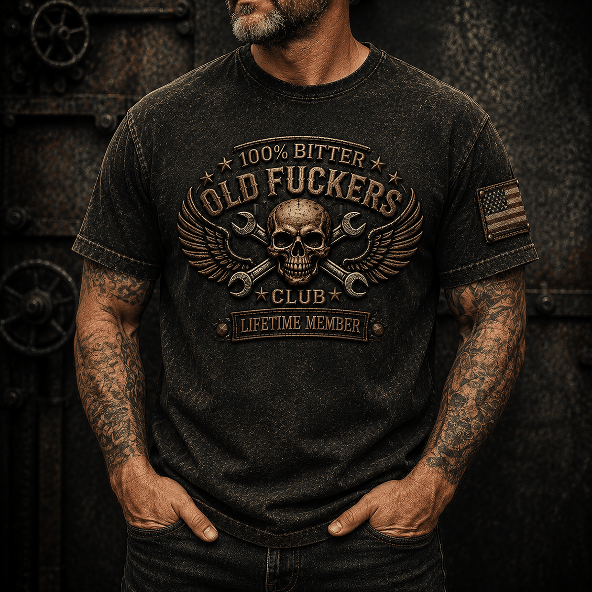 Bitter Old Fuckers Club Skull Wing Wrench Printed T Shirt Funny Mechanic Shirt Biker Graphic Tee Gift for Men Lifetime Member