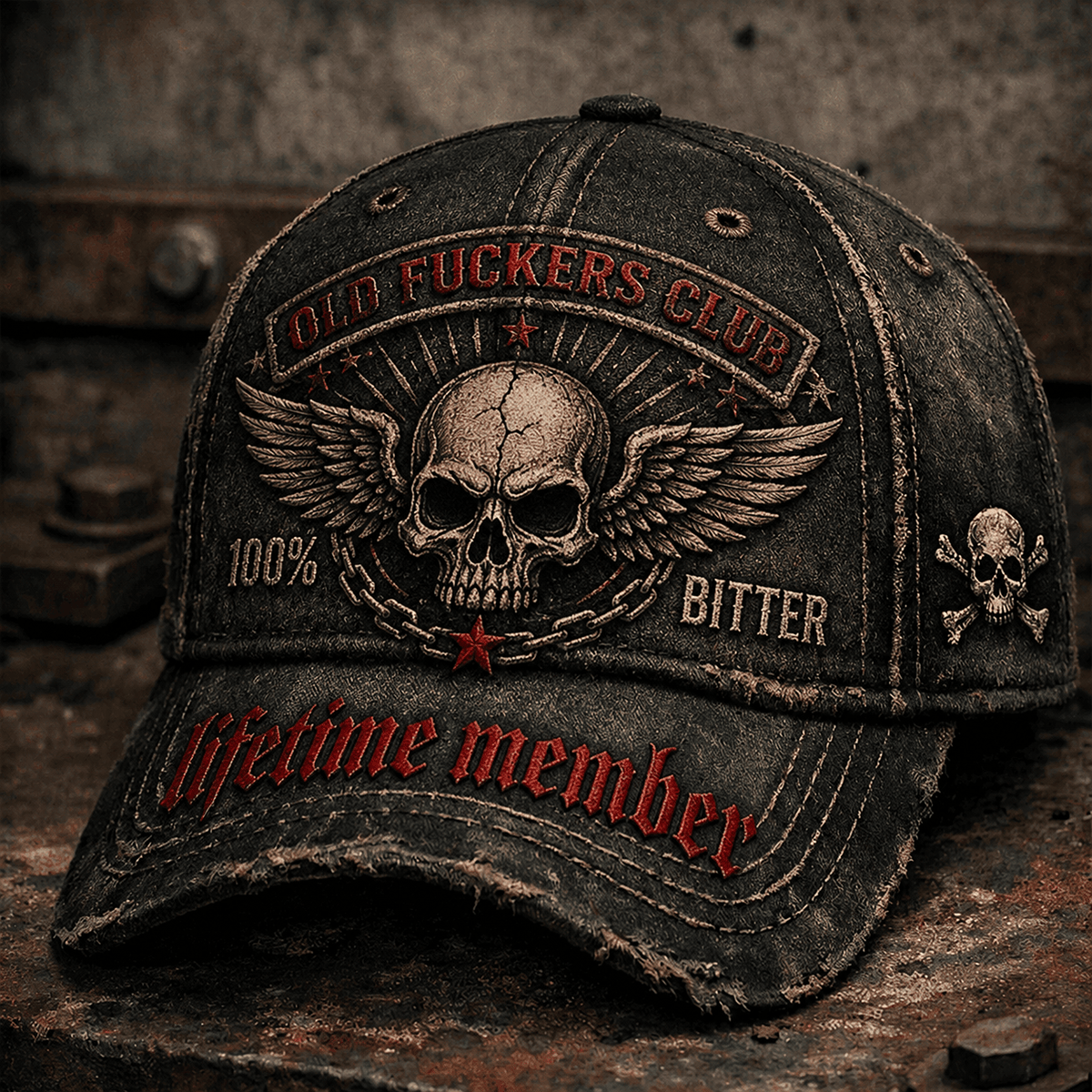 Old Fuckers Club Bitter Skull Wings Printed Cap Funny Skull Baseball Cap Gothic Biker Hat Lifetime Member Gift for Men