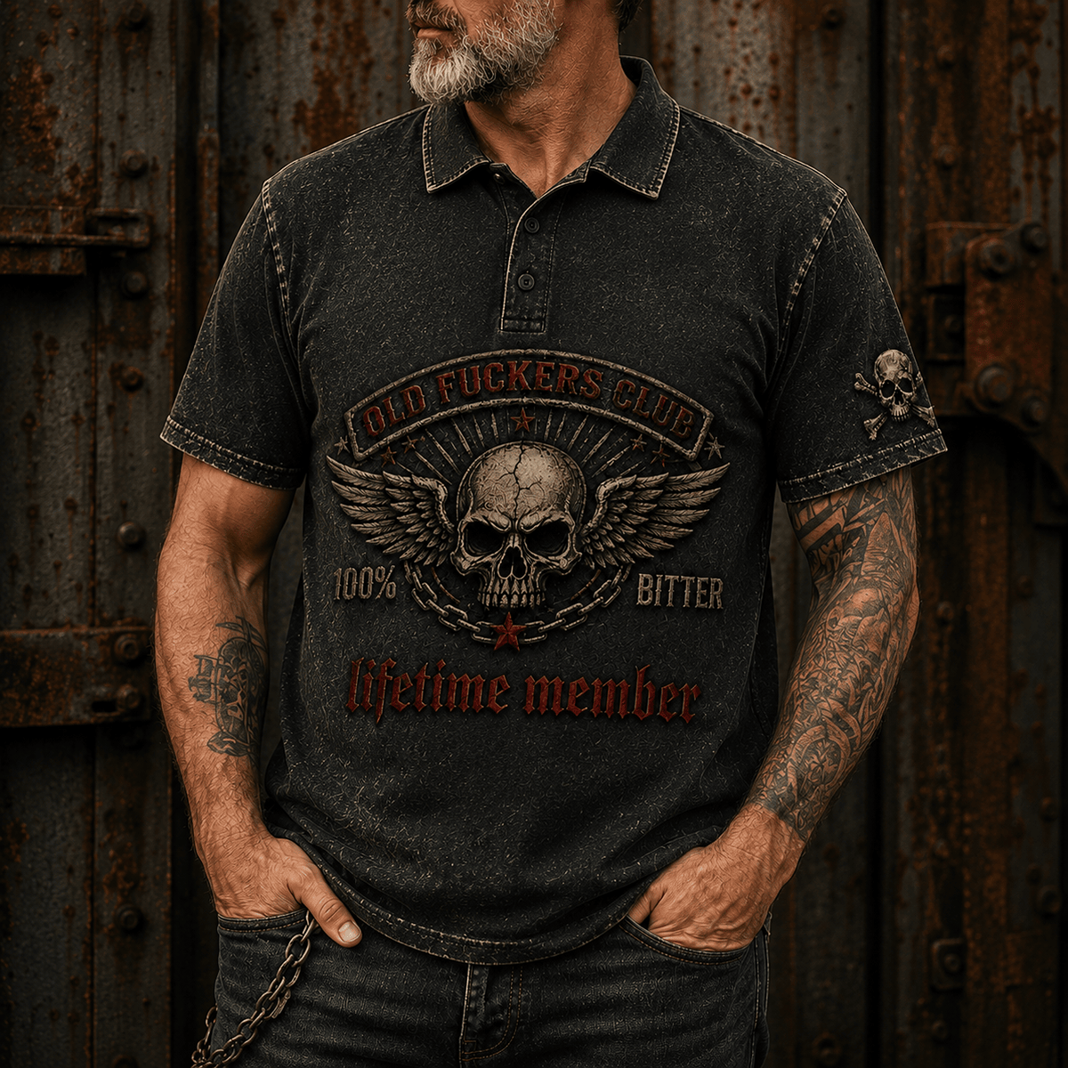 Old Fuckers Club Bitter Skull Wings Printed Polo Shirt Funny Skull Graphic Polo Shirt Gothic Biker Gift for Men Lifetime Member
