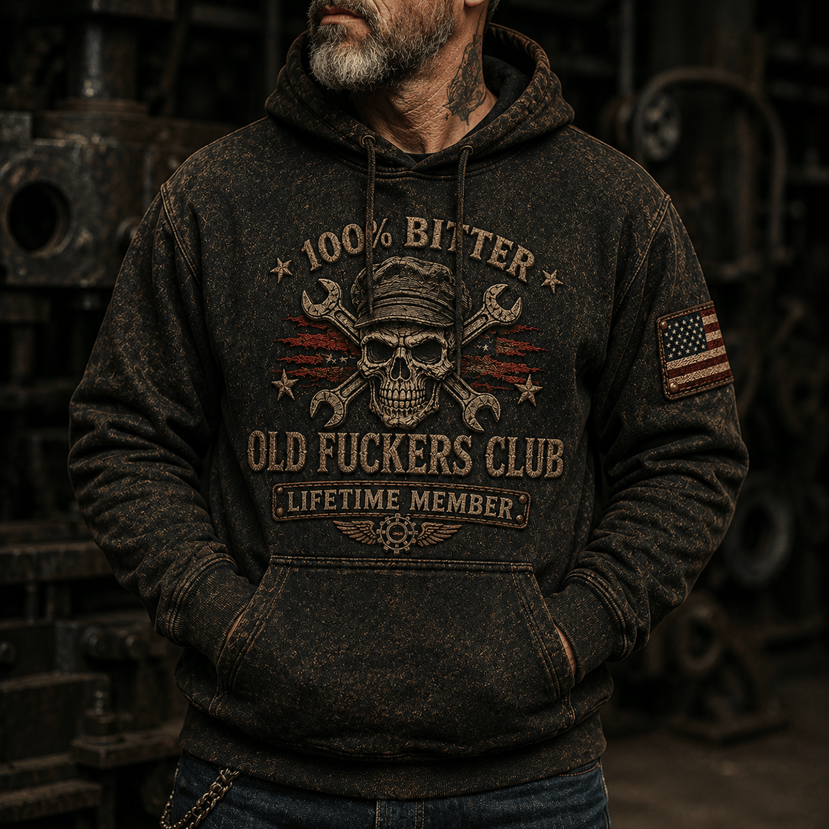 Old Fuckers Club Mechanic Skull Printed Hoodie Funny Mechanic Hoodie Wrench Skull Graphic Lifetime Member Gift for Men