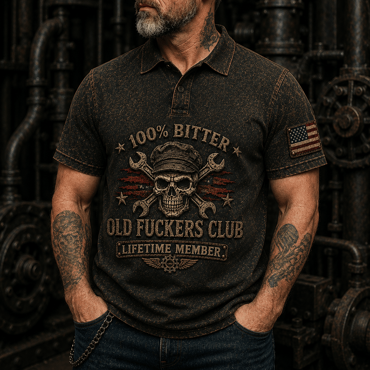 Old Fuckers Club Mechanic Skull Printed Polo Shirt Funny Mechanic Polo Shirt Wrench Skull Graphic Lifetime Member Gift for Men