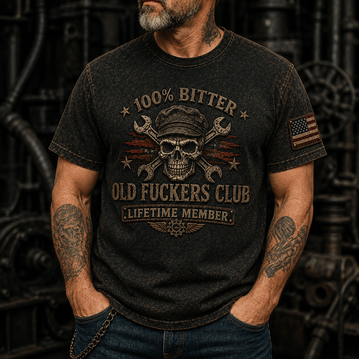 Old Fuckers Club Mechanic Skull Printed T Shirt Funny Mechanic Graphic Tee Wrench Skull Shirt Lifetime Member Gift for Men