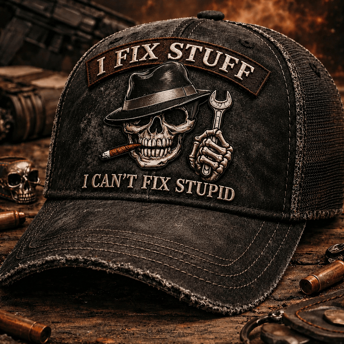 I Fix Stuff I Can't Fix Stupid Printed Cap Funny Mechanic Skull Hat Wrench Trucker Cap Garage Gift for Men