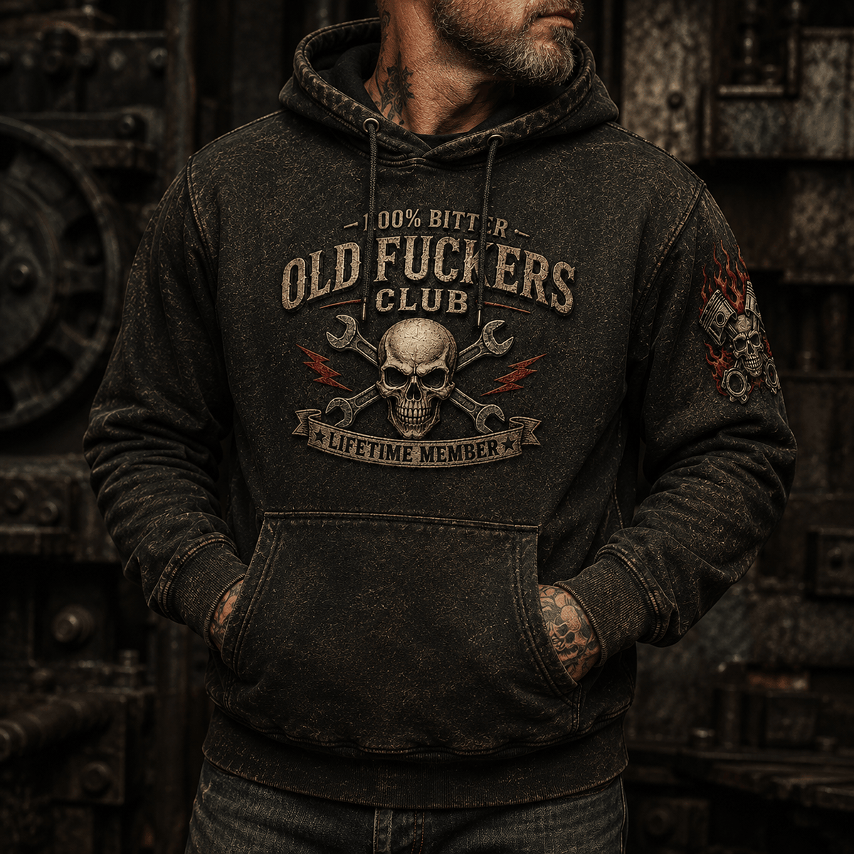 Old Fuckers Club Skull Wrench Printed Hoodie Funny Mechanic Hoodie Garage Worker Graphic Lifetime Member Gift for Men
