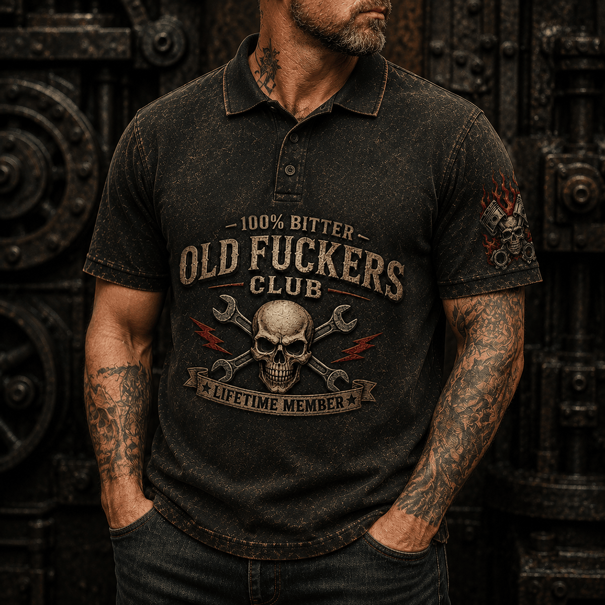 Old Fuckers Club Skull Wrench Printed Polo Shirt Funny Mechanic Polo Shirt Garage Worker Graphic Lifetime Member Gift for Men