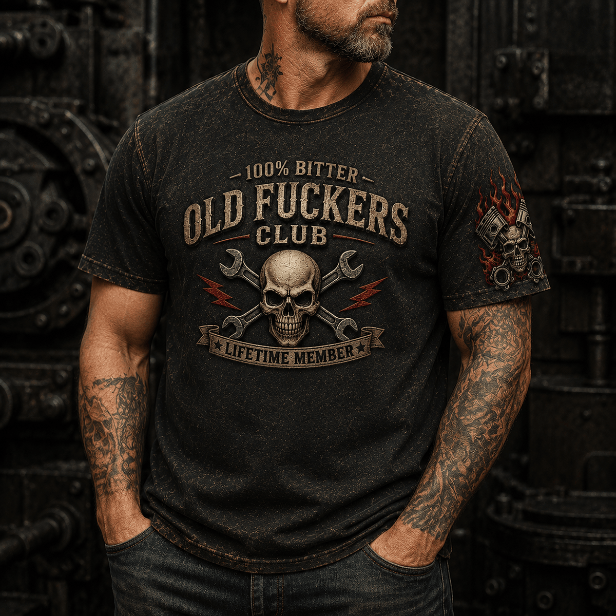 Old Fuckers Club Skull Wrench Printed T Shirt Funny Mechanic Graphic Tee Garage Worker Lifetime Member Gift for Men