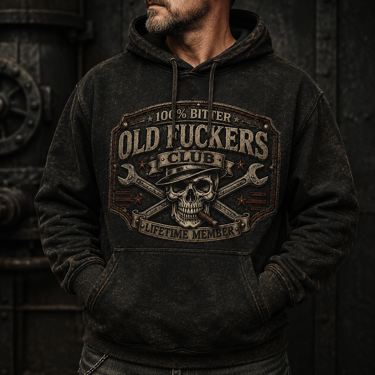 Bitter Old Fuckers Club Skull Mechanic Printed Hoodie Funny Hoodie for Men Vintage Skull Graphic Hoodie Biker Gift Wrench Design Dad Gift