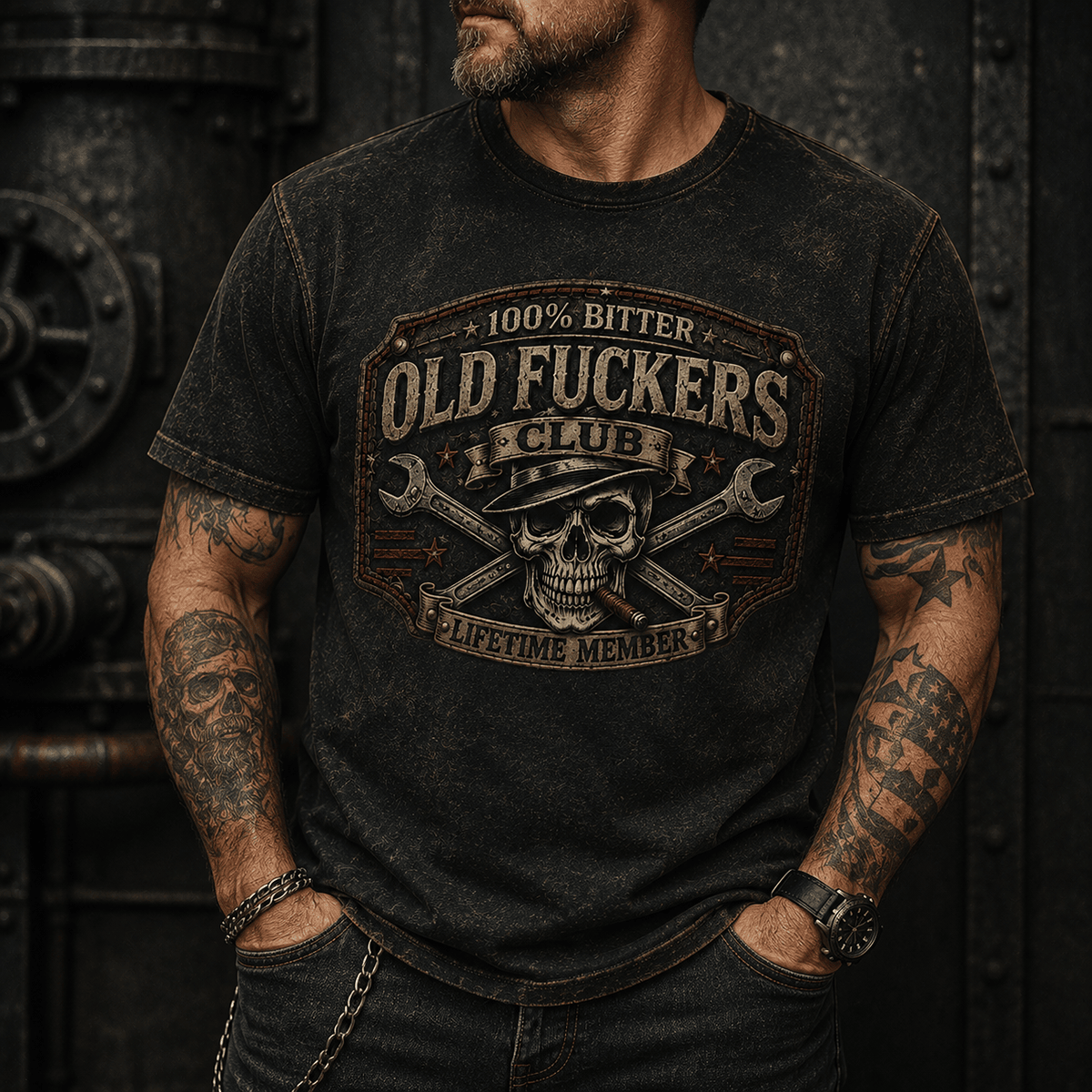Bitter Old Fuckers Club Skull Mechanic Printed T Shirt Vintage Skull Graphic Tee Funny Gift for Men Wrench Design Biker Dad Gift