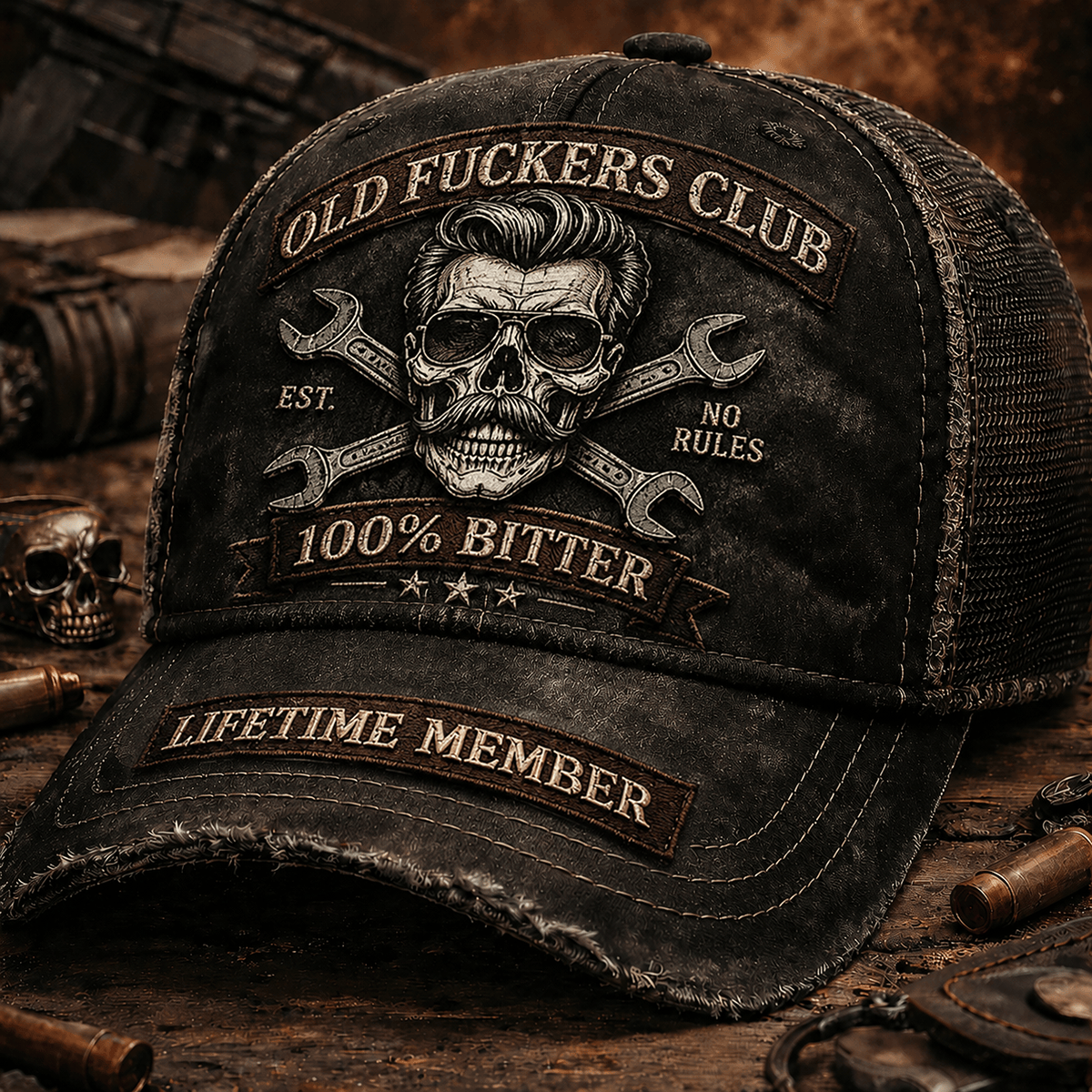 Old Fuckers Club Skull Mechanic Printed Cap Vintage Trucker Cap Funny Baseball Cap for Men Wrench Skull Graphic Biker Dad Gift Lifetime Member