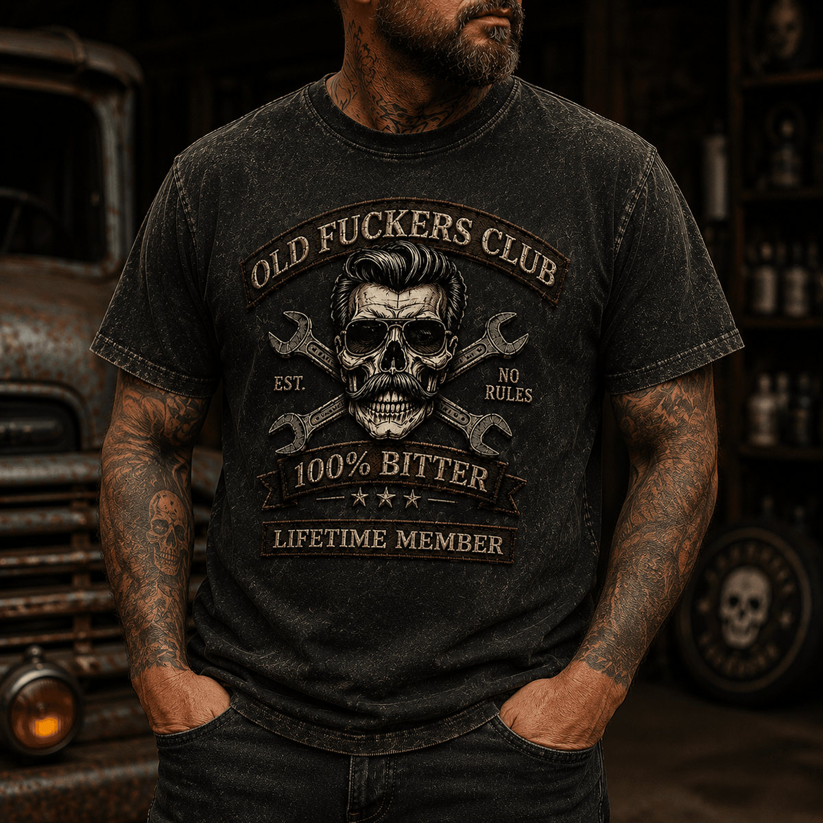 Old Fuckers Club Skull Mechanic Printed T Shirt Vintage Skull Graphic Tee Funny Gift for Men Wrench Design Garage Mechanic Biker Dad Gift
