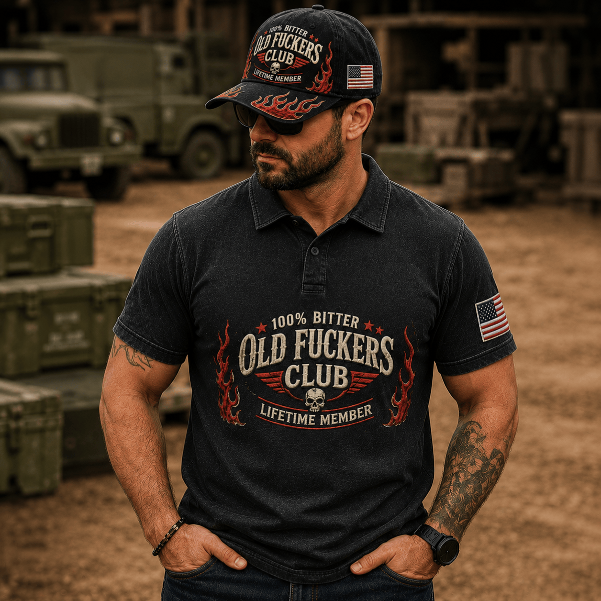 Old Fuckers Club Skull Flame Printed Polo Shirt Vintage Skull Graphic Polo Funny Gift for Men Biker Dad Gift Motorcycle Style