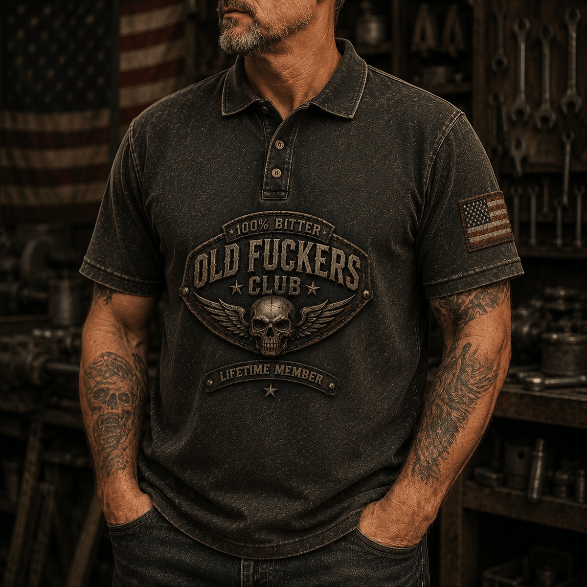 Old Fuckers Club Winged Skull Printed Polo Shirt Vintage Skull Graphic Polo Funny Gift for Men Biker Dad Gift Motorcycle Skull Design