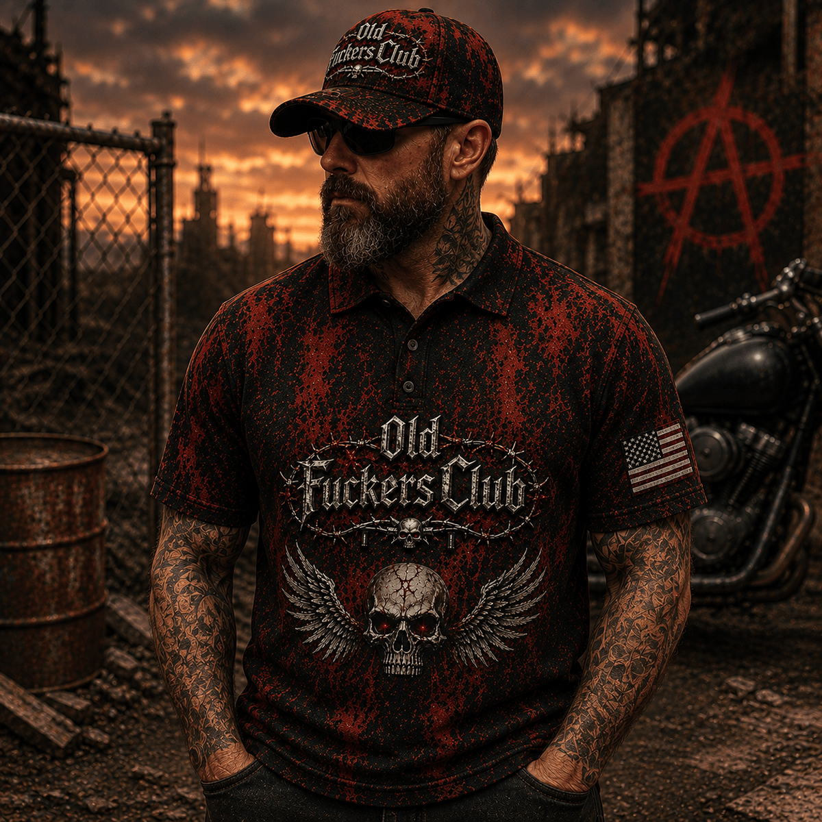 Old Fuckers Club Skull Wings Printed Polo Shirt Vintage Skull Graphic Polo Motorcycle Biker Gift for Men Gothic Skull Design