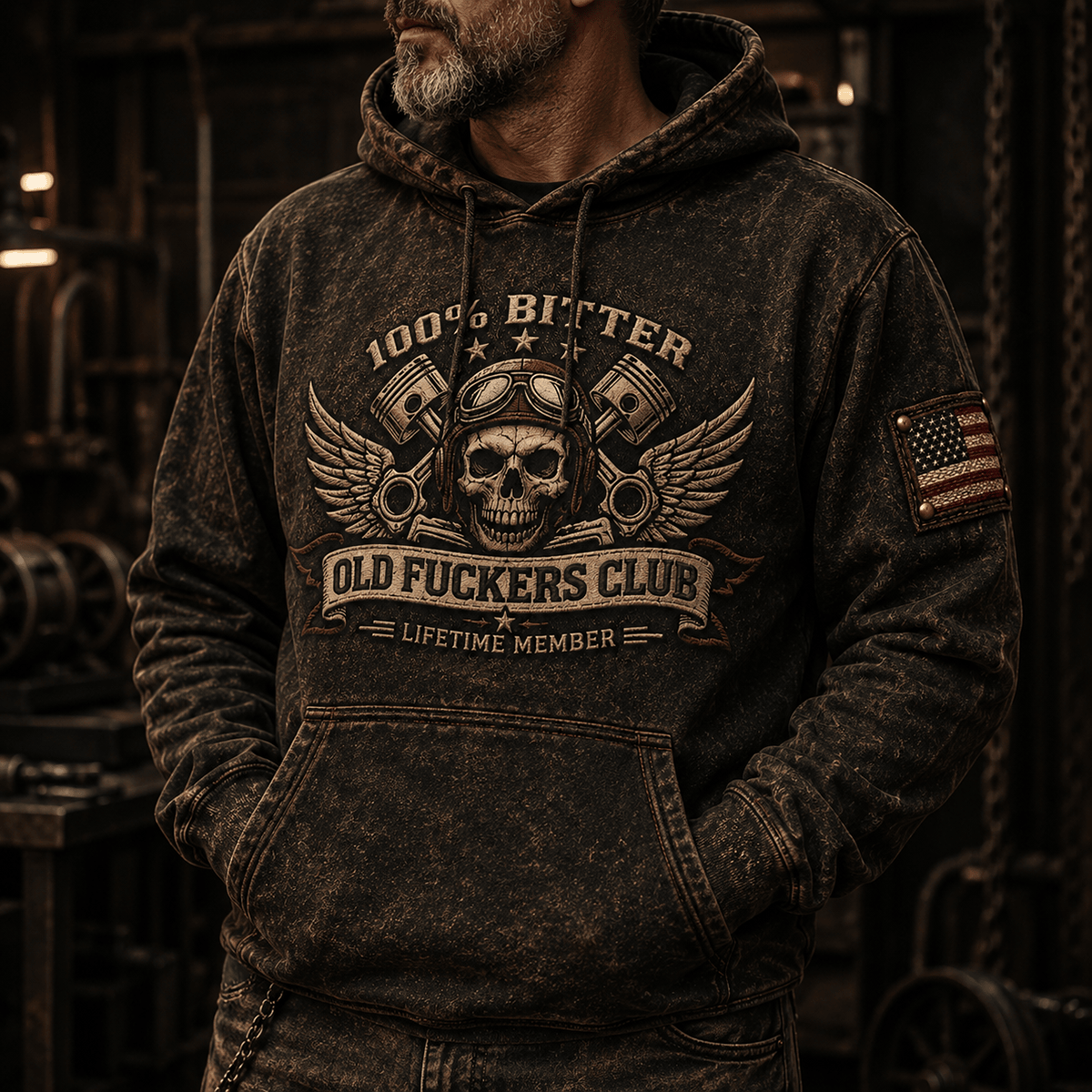 Bitter Old Fuckers Club Skull Printed Hoodie Vintage Skull Graphic Hoodie Motorcycle Rider Mechanic Gift for Men