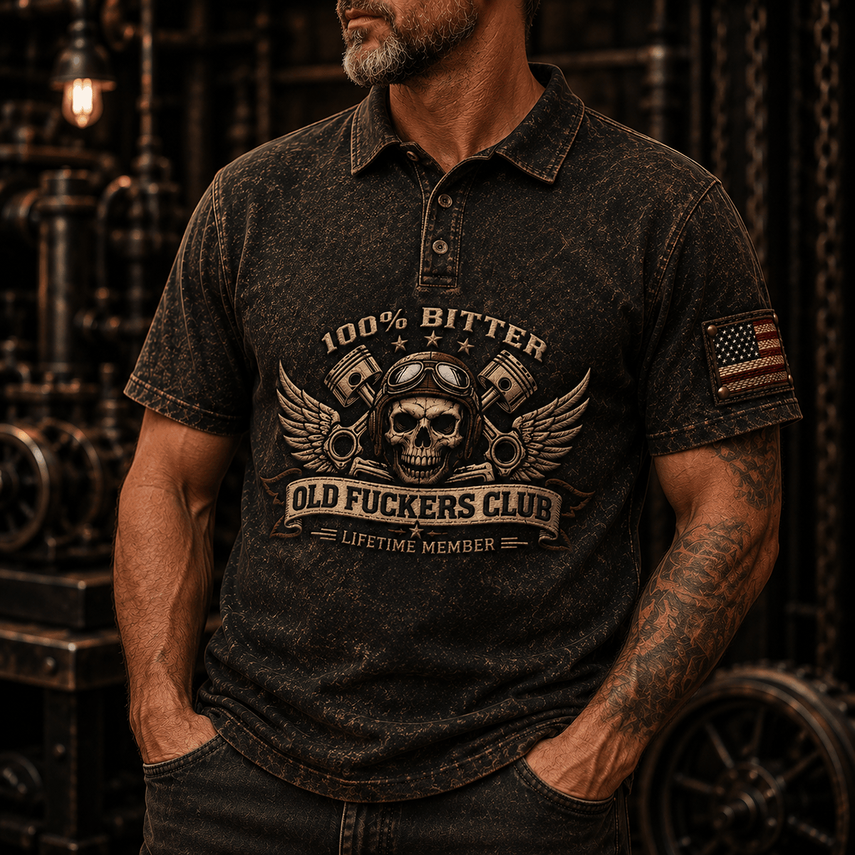 Bitter Old Fuckers Club Skull Printed Polo Shirt Vintage Skull Graphic Polo Motorcycle Rider Mechanic Gift for Men