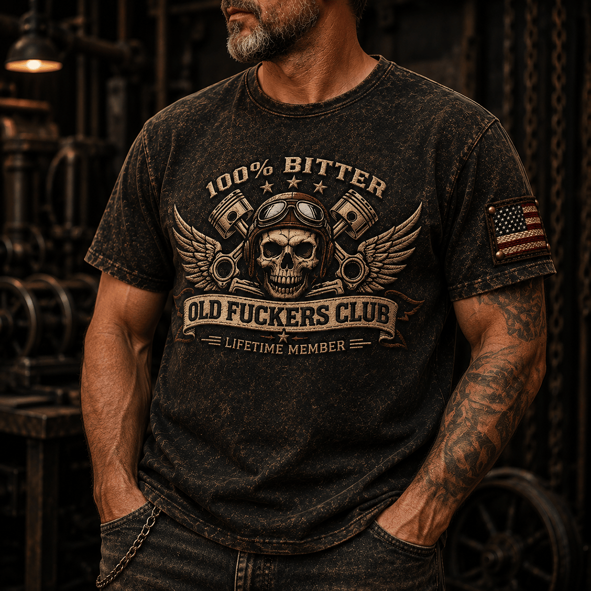 Bitter Old Fuckers Club Skull Printed T-Shirt Vintage Skull Graphic Tee Motorcycle Rider Mechanic Gift for Men