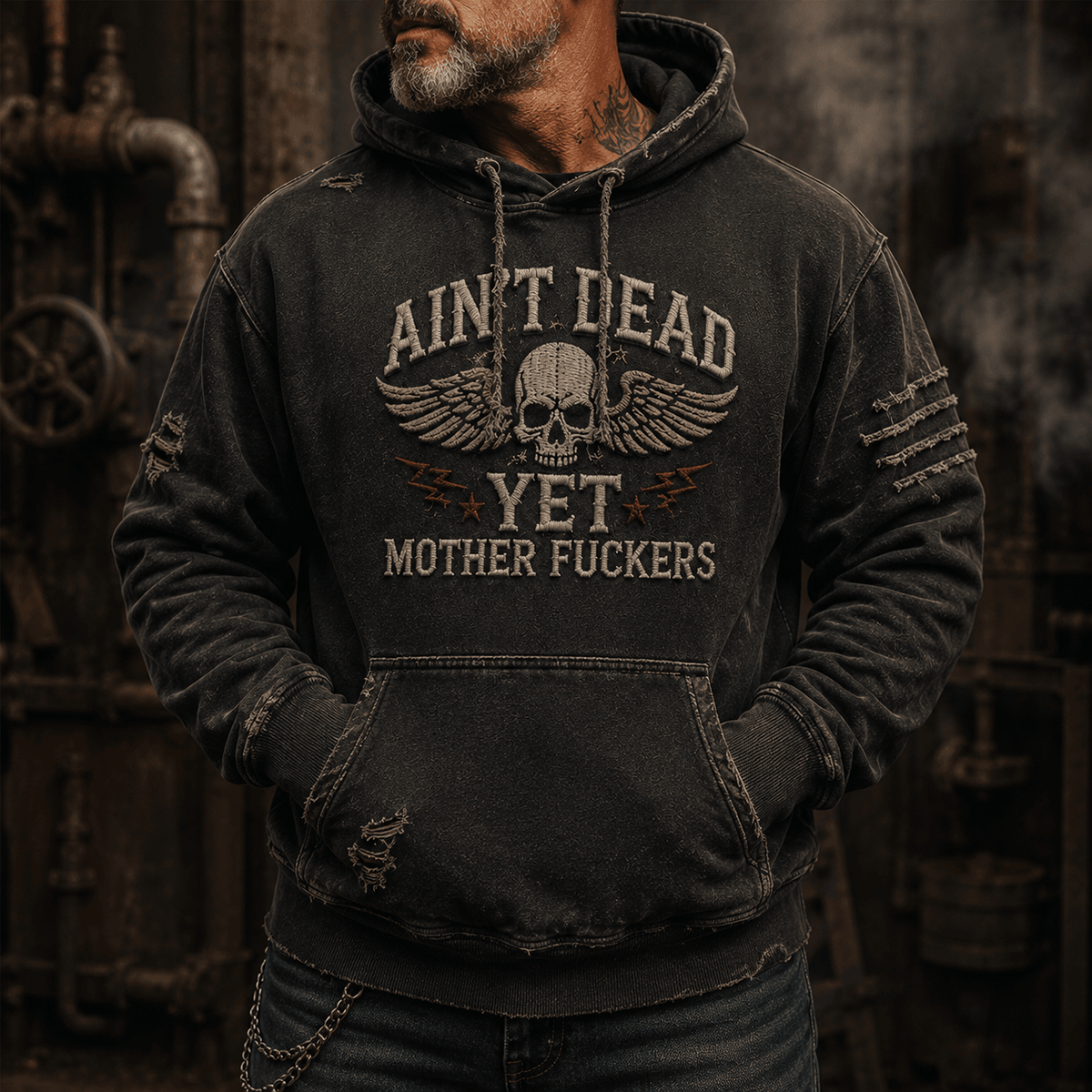 Ain't Dead Yet Mother Fuckers Skull Wings Printed Hoodie Funny Skull Graphic Hoodie Vintage Biker Mechanic Gift for Men