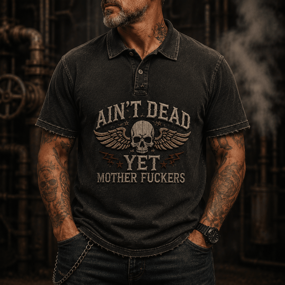 Ain't Dead Yet Mother Fuckers Skull Wings Printed Polo Shirt Funny Skull Graphic Vintage Biker Mechanic Gift for Men