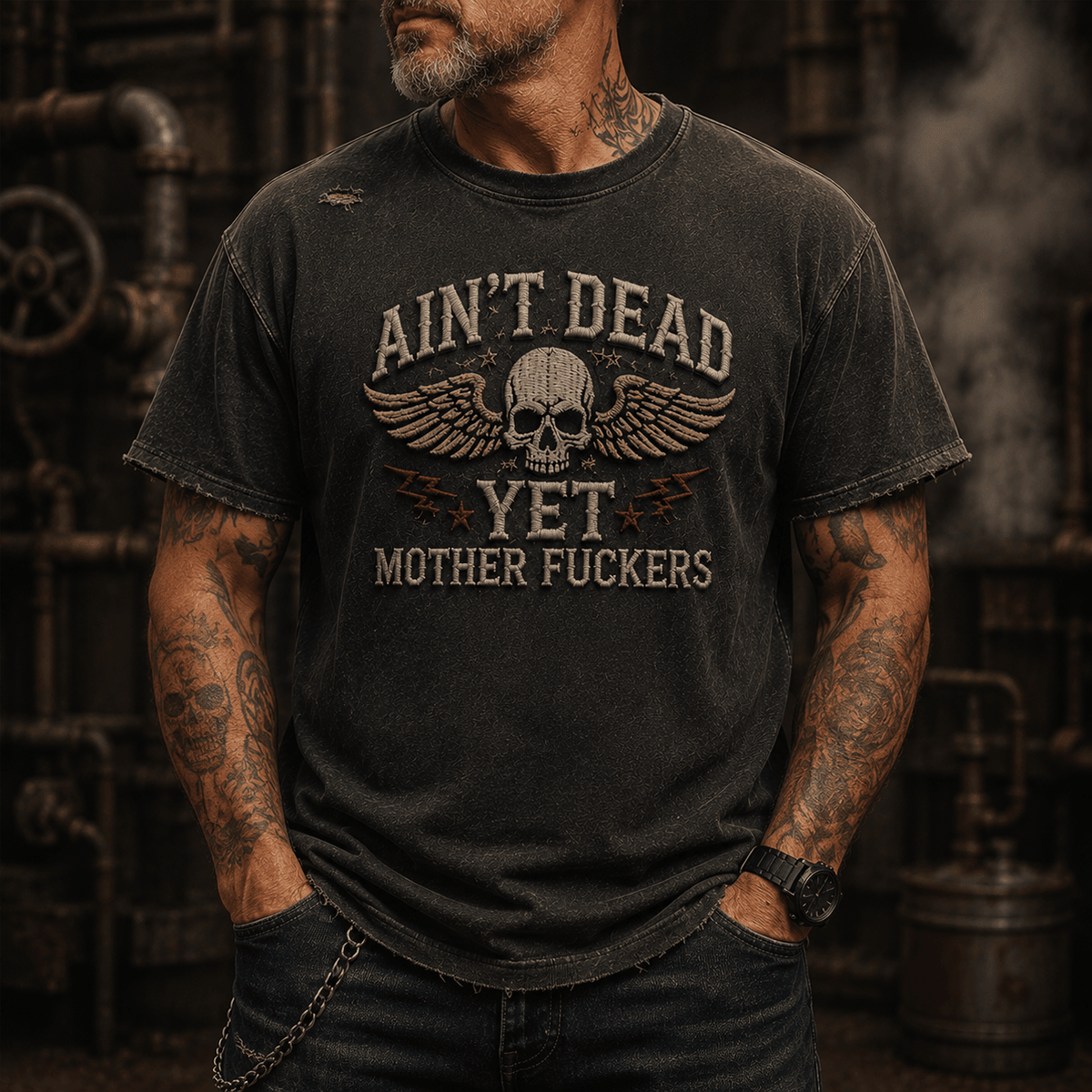 Ain't Dead Yet Mother Fuckers Skull Wings Printed T-Shirt Funny Skull Graphic Tee Vintage Biker Mechanic Gift for Men