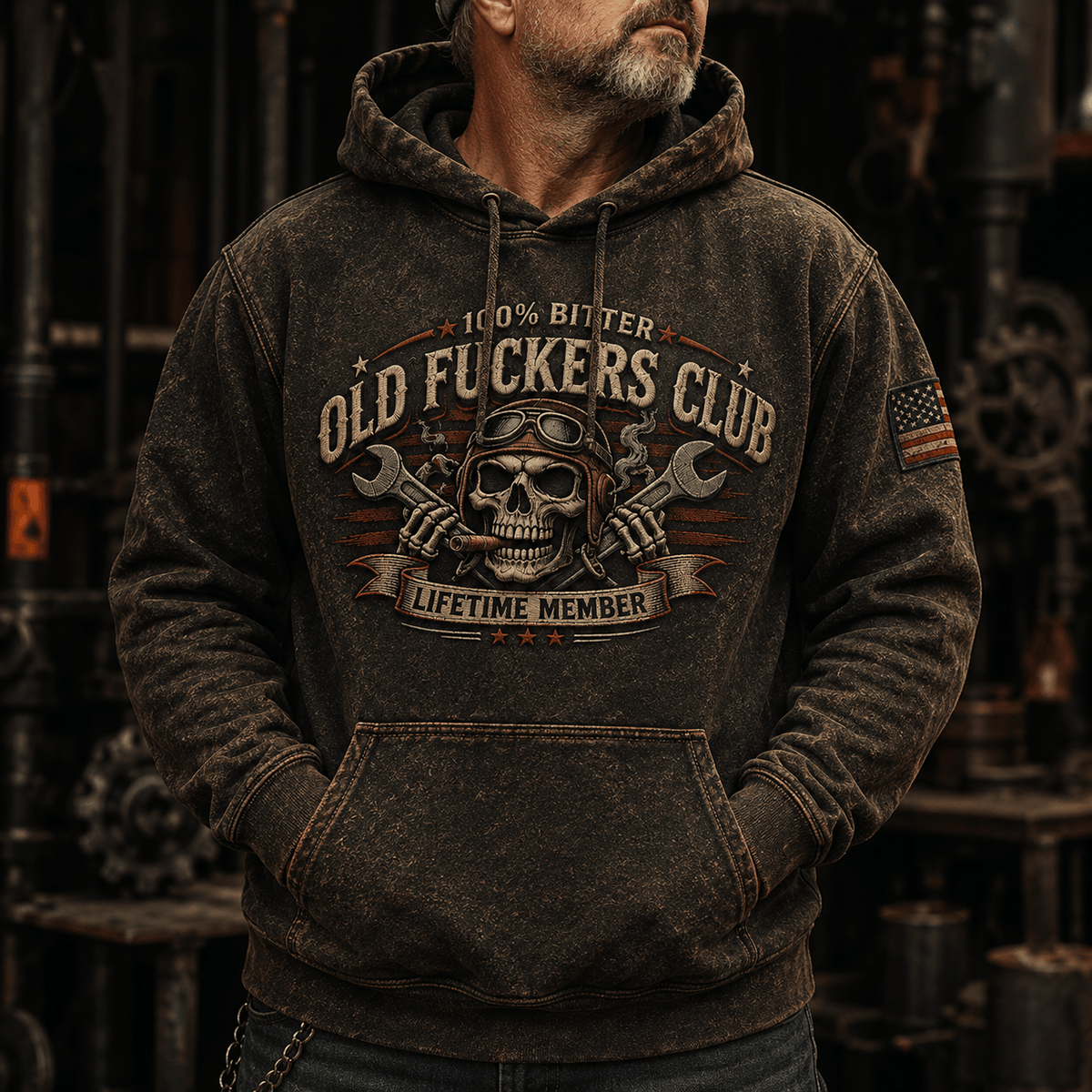 Old Fuckers Club Lifetime Member Skull Printed Hoodie Vintage Mechanic Graphic Hoodie Biker Motorcycle Gift for Men