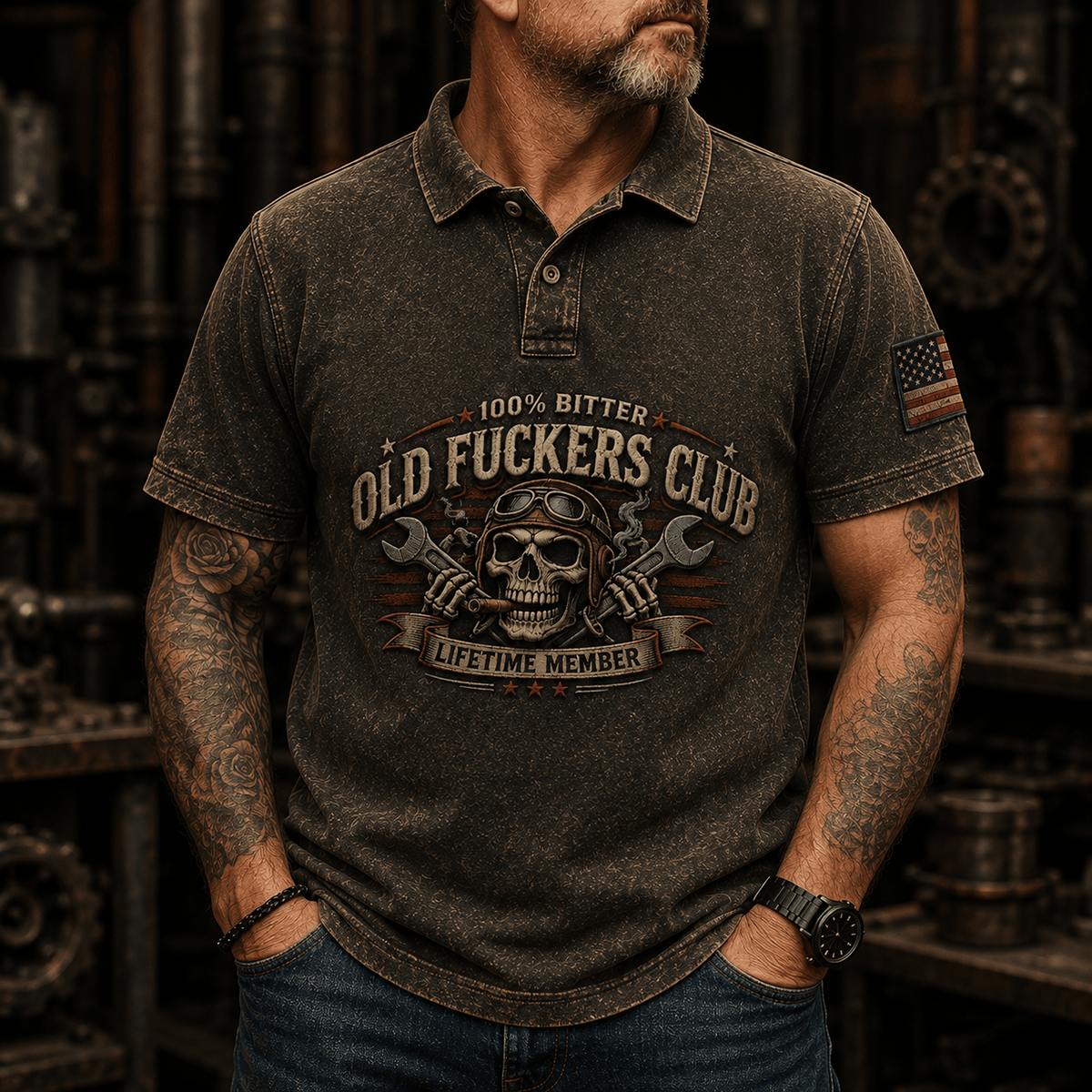 Old Fuckers Club Lifetime Member Skull Printed Polo Shirt Vintage Mechanic Graphic Motorcycle Biker Gift for Men