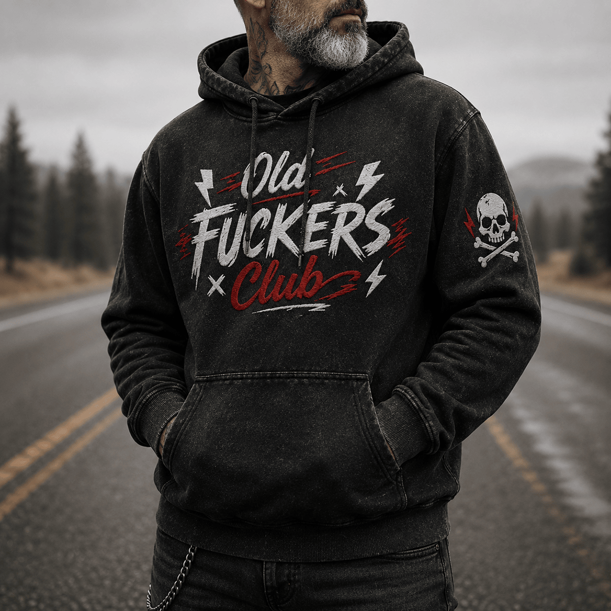 Old Fuckers Club Printed Hoodie Funny Skull Graphic Hoodie Vintage Style Gift for Men Dad Grandpa Biker Rock Humor Pullover
