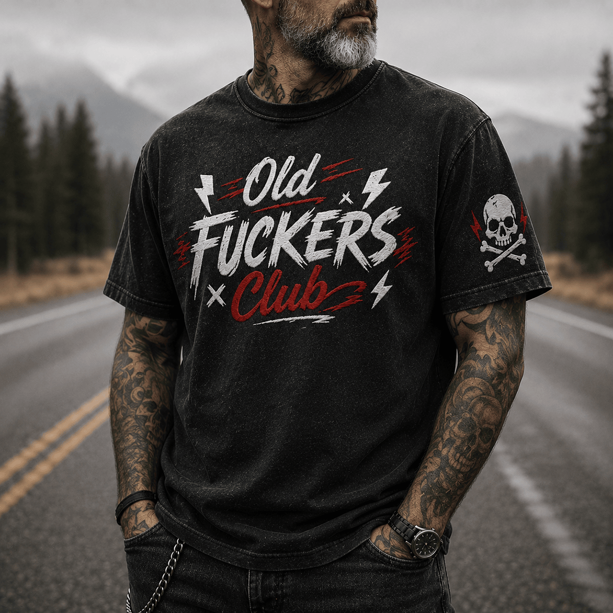 Old Fuckers Club Printed T Shirt Funny Skull Graphic Tee Vintage Style Gift for Men Dad Grandpa Biker Rock Humor Graphic Tee