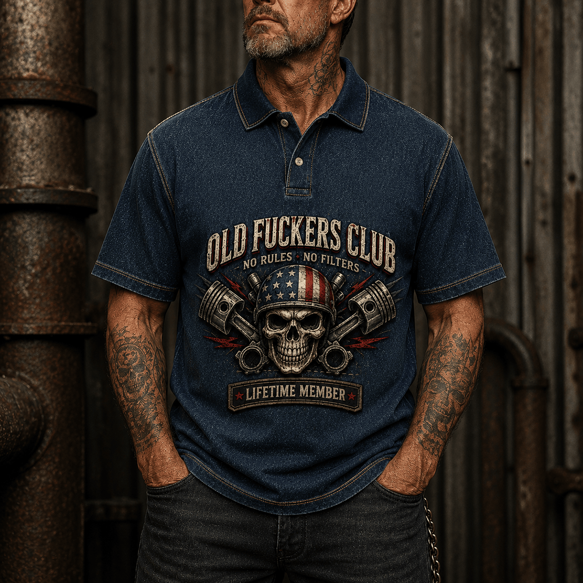Old Fuckers Club No Rules No Filters Lifetime Member Printed Polo Shirt Skull Piston Graphic Funny Gift for Men Biker Dad