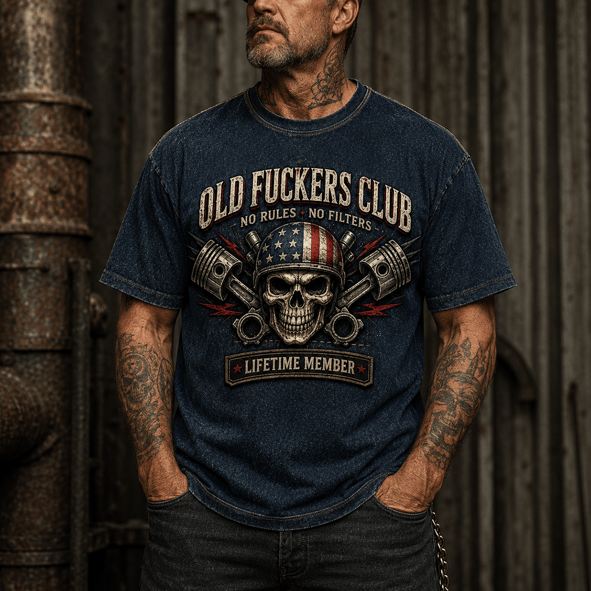 Old Fuckers Club No Rules No Filters Lifetime Member Printed T Shirt Skull Piston Graphic Funny Gift for Men Biker Mechanic Dad