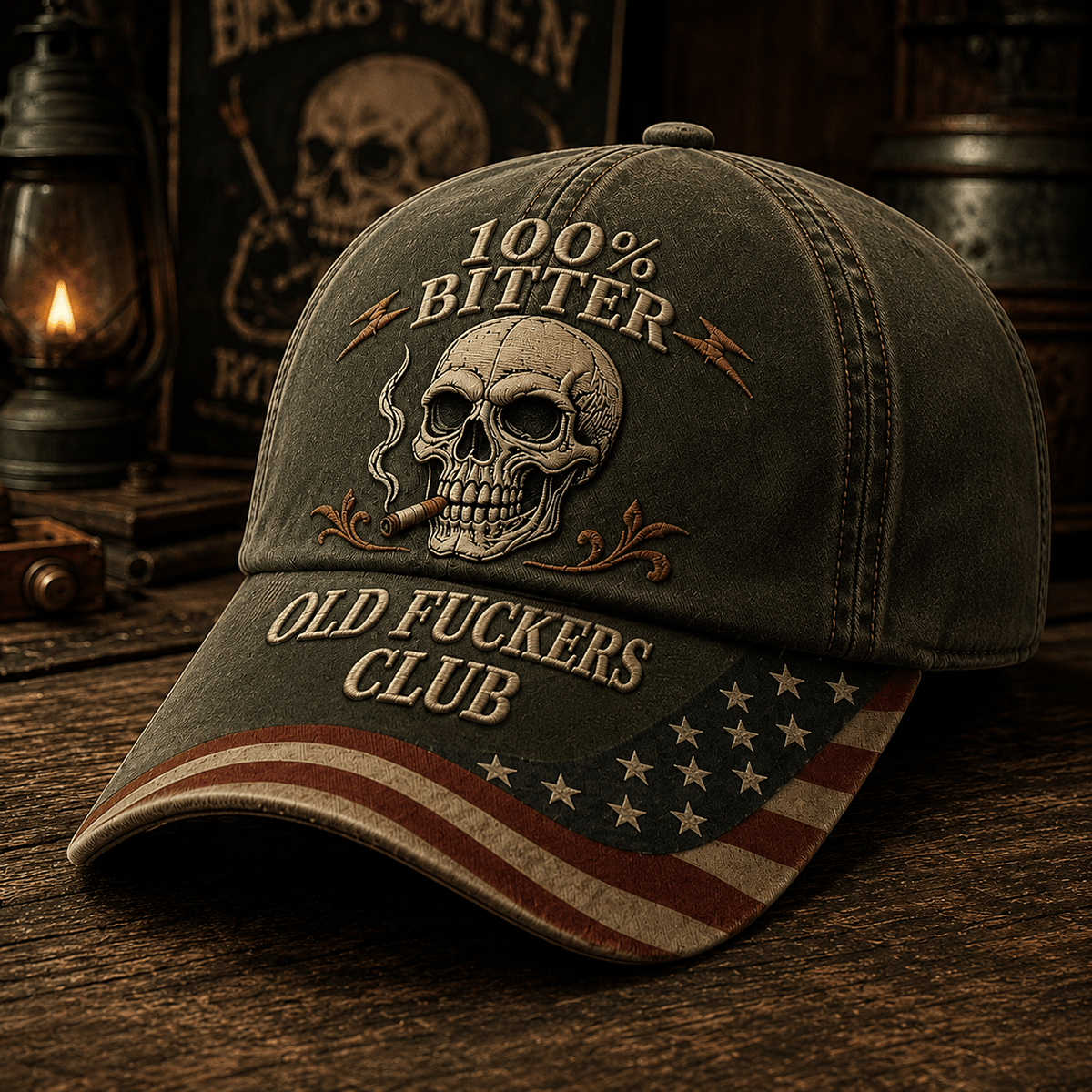 Bitter Old Fuckers Club Skull Smoking Cigar Printed Cap Funny Vintage Baseball Hat Patriotic Gift for Men Grandpa Dad