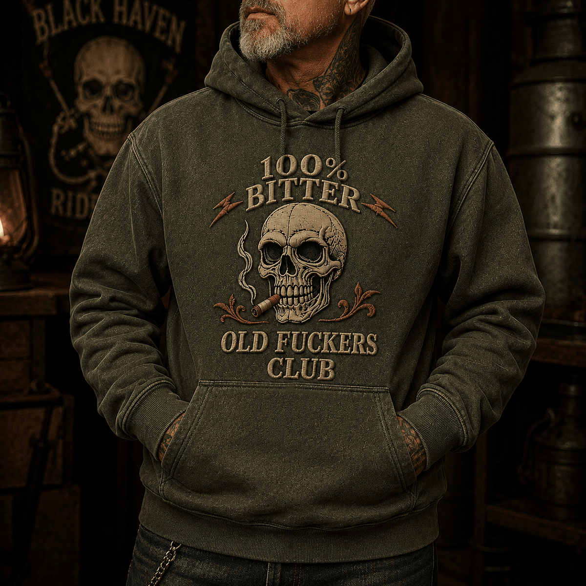 Bitter Old Fuckers Club Skull Smoking Cigar Printed Hoodie Funny Graphic Gift for Men Grandpa Dad Patriotic Biker