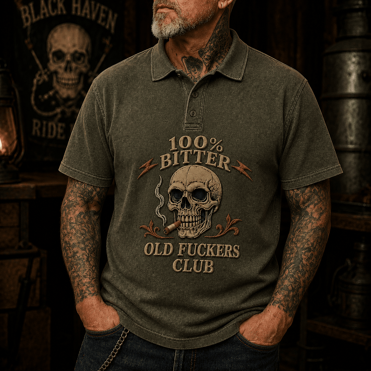 Bitter Old Fuckers Club Skull Smoking Cigar Printed Polo Shirt Funny Graphic Gift for Men Grandpa Dad Patriotic